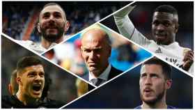 Benzema (izquierda superior), Jovic (izquierda inferior), Zidane (centro), Vinicius (derecha superior), Hazard (derecha inferior).