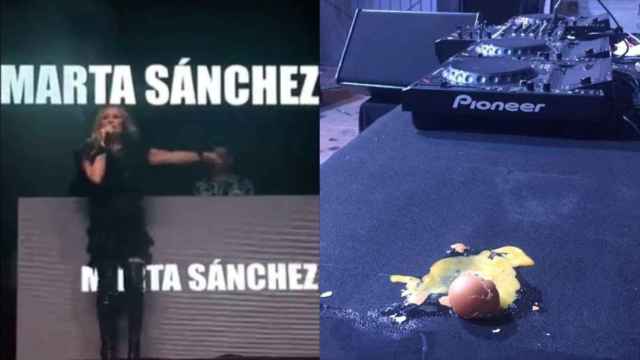 Marta Sánchez en el escenario y uno de los huevos que le tiraron