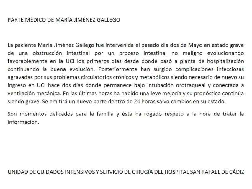 Parte médico sobre el estado de salud de María Jiménez.