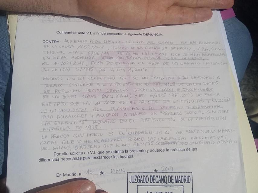 Denuncia de uno de los miembros del Jurado Popular para un juicio de la Audiencia de Madrid.