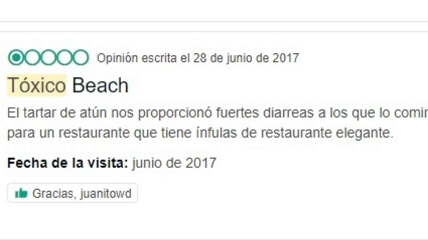 Captura de un comentario en TripAdvisor sobre el restaurante de Antonio Calero.