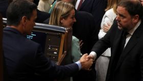 El apretón de manos entre Pedro Sánchez y Oriol Junqueras en el Congreso.