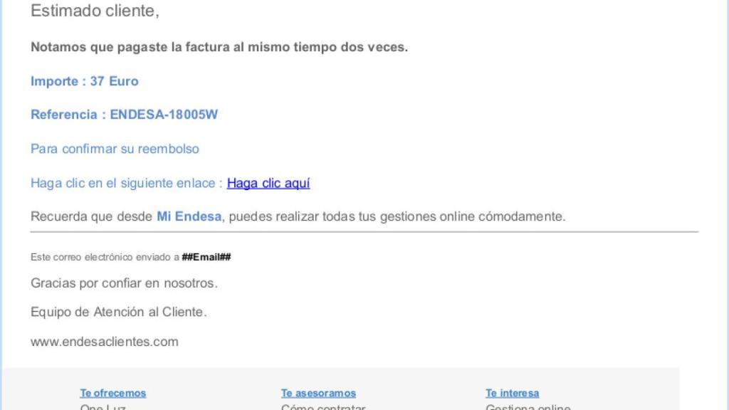 Correo con el que los estafadores suplantan la imagen de Endesa
