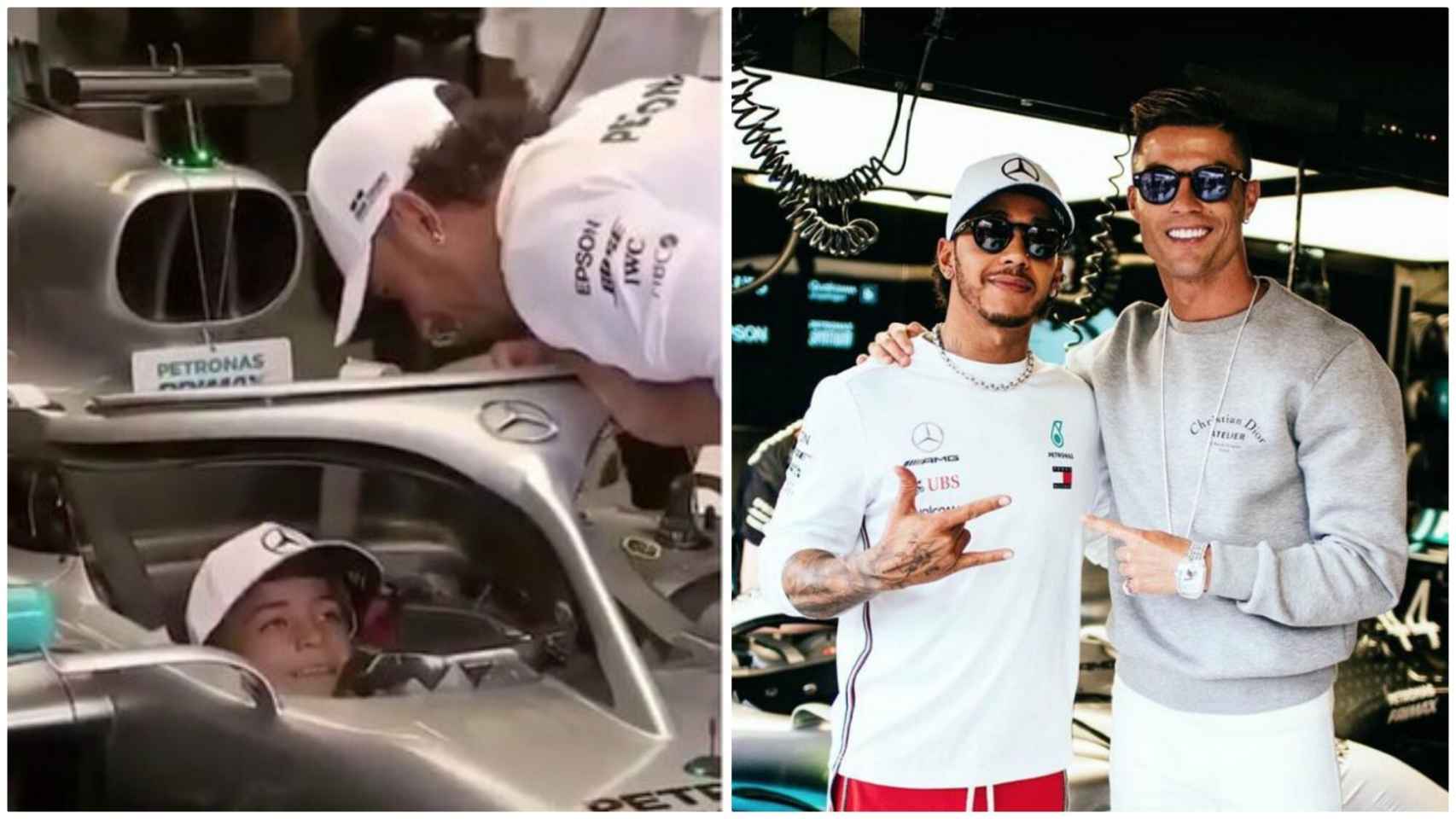 Cristiano Júnior en el Mercedes de Hamilton y Cristiano Ronaldo con el piloto británico