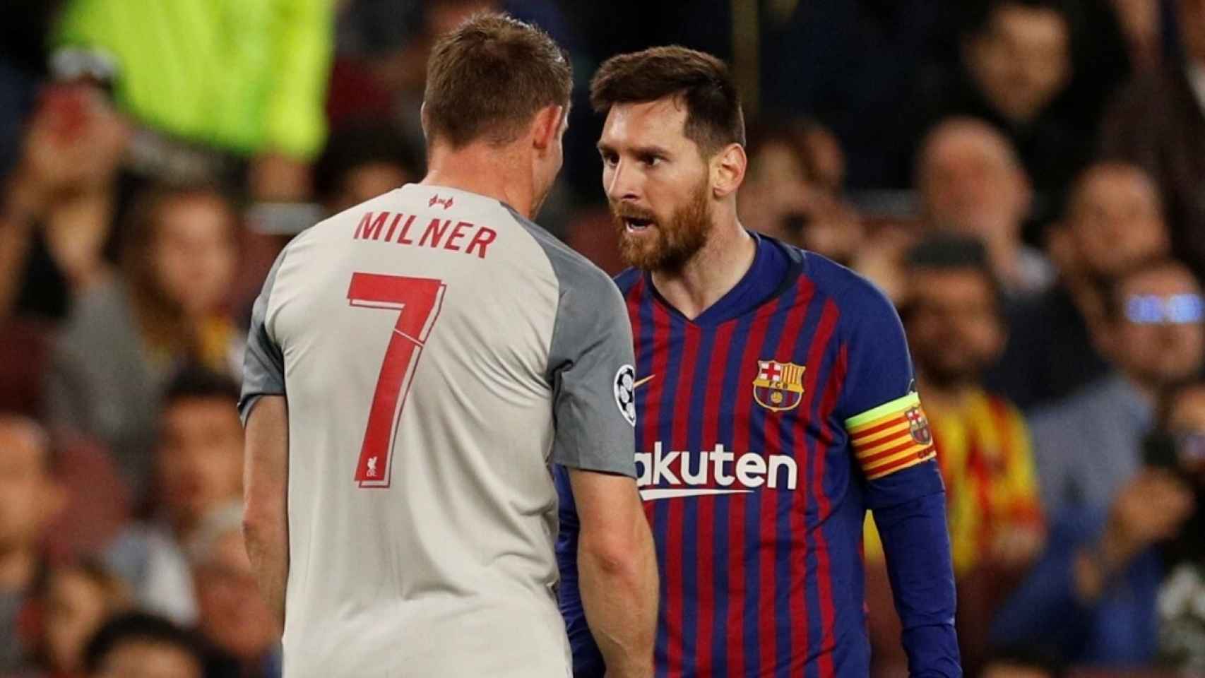 Milner y Messi durante la ida de las semifinales de Champions League