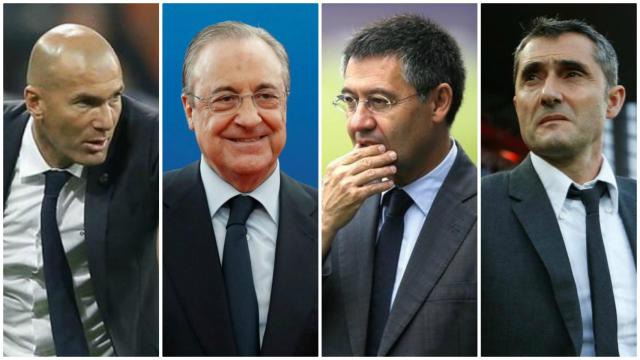 Zidane (izquierda); Florentino Pérez (izquierda); Josep María Bartomeu (derecha); Valverde (derecha).