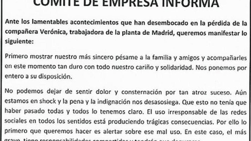 Nota difundida por el Comité de Empresa tras el suicidio de Verónica.