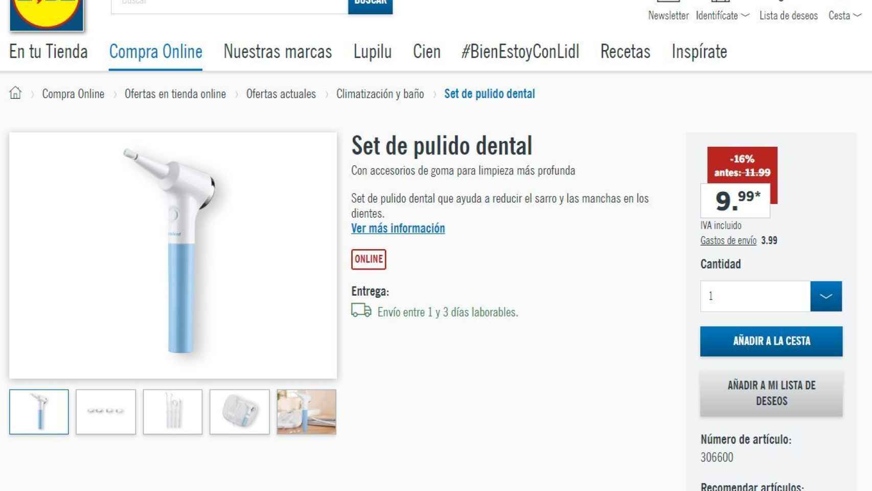 Anuncio del set de pulido dental en la web de Lidl