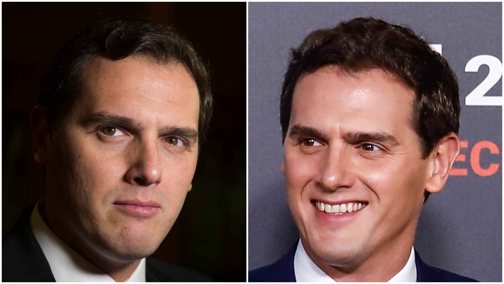 Detalle del antes y el después de la piel de Albert Rivera: izquierda, en un posado de noviembre de 2017; y derecha, en el debate de RTVE.