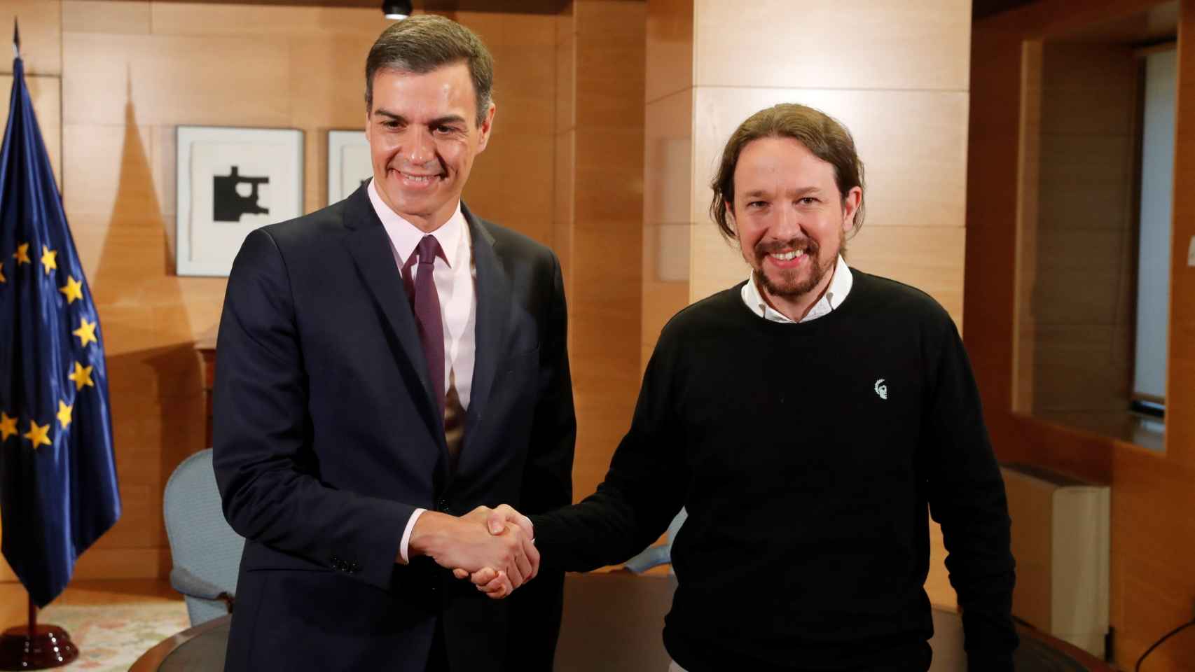 Pedro Sánchez y Pablo Iglesias, antes de su reunión en el Congreso.