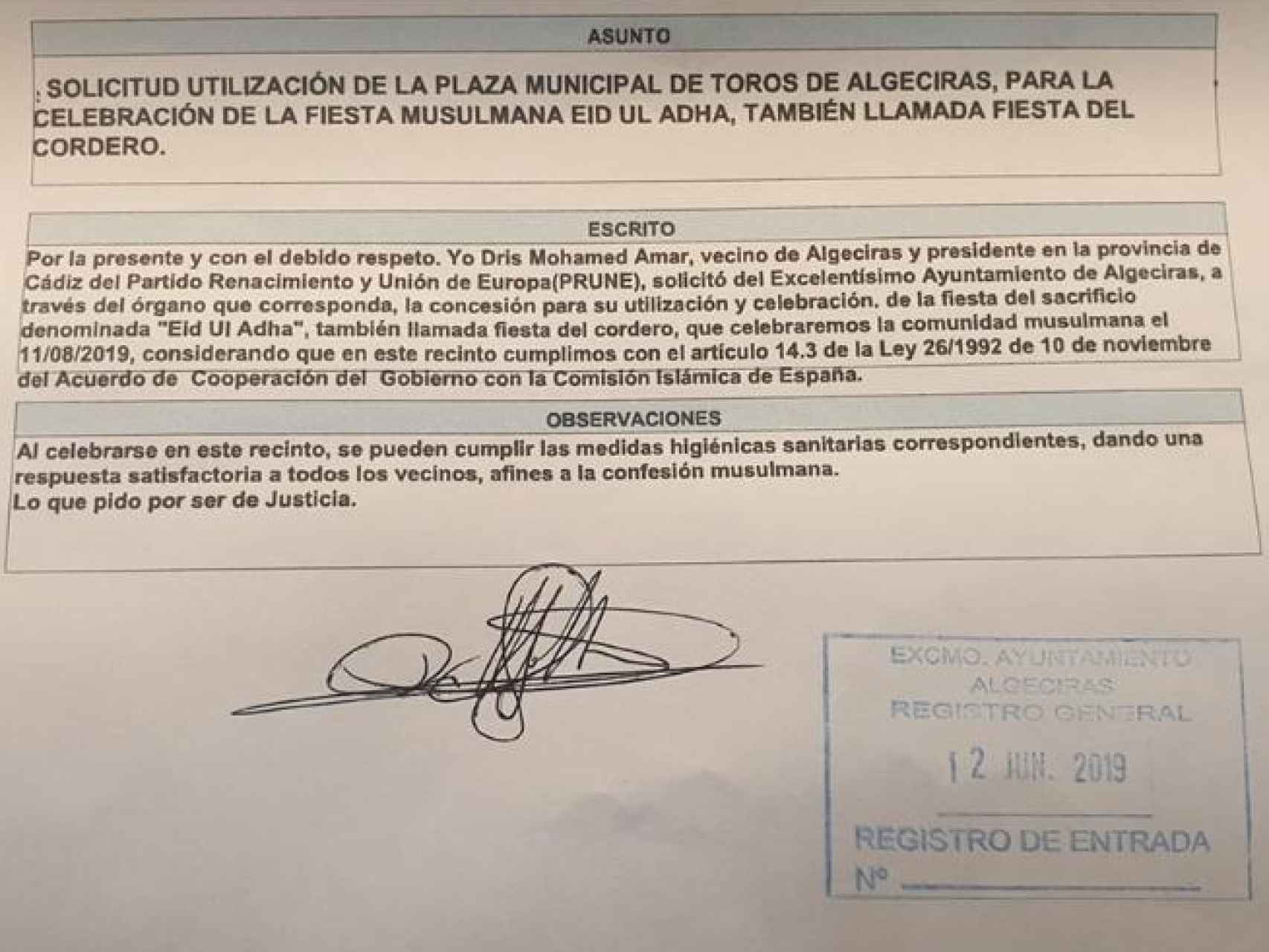 Solicitud presentada por el presidente del PRUNE en Cádiz, Dris Mohamed, este lunes ante el Ayuntamiento de Algeciras.