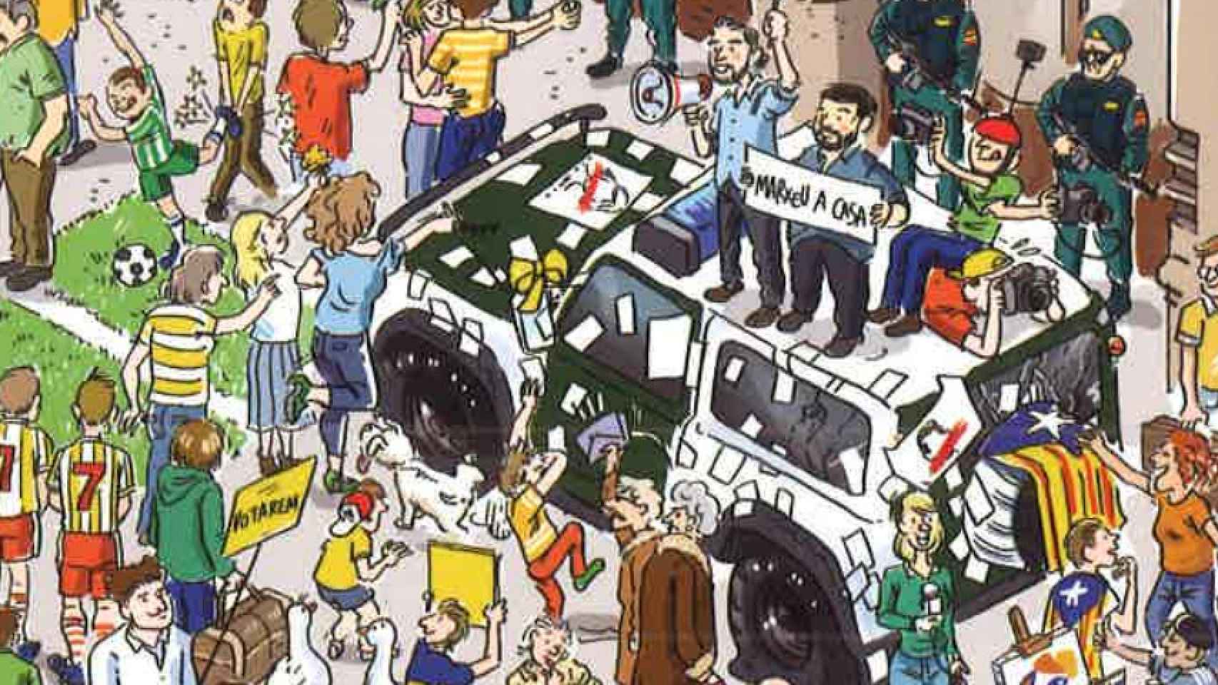 El libro también recoge algunas de las escenas más destacadas en torno al 1-O, como a los 'Jordis' encima de un coche de la Guardia Civil.