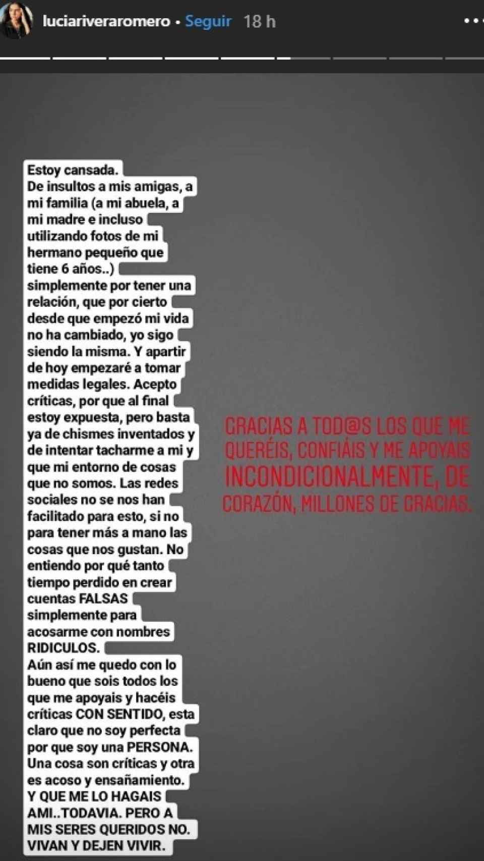 Historia de Instagram de Lucía Rivera.
