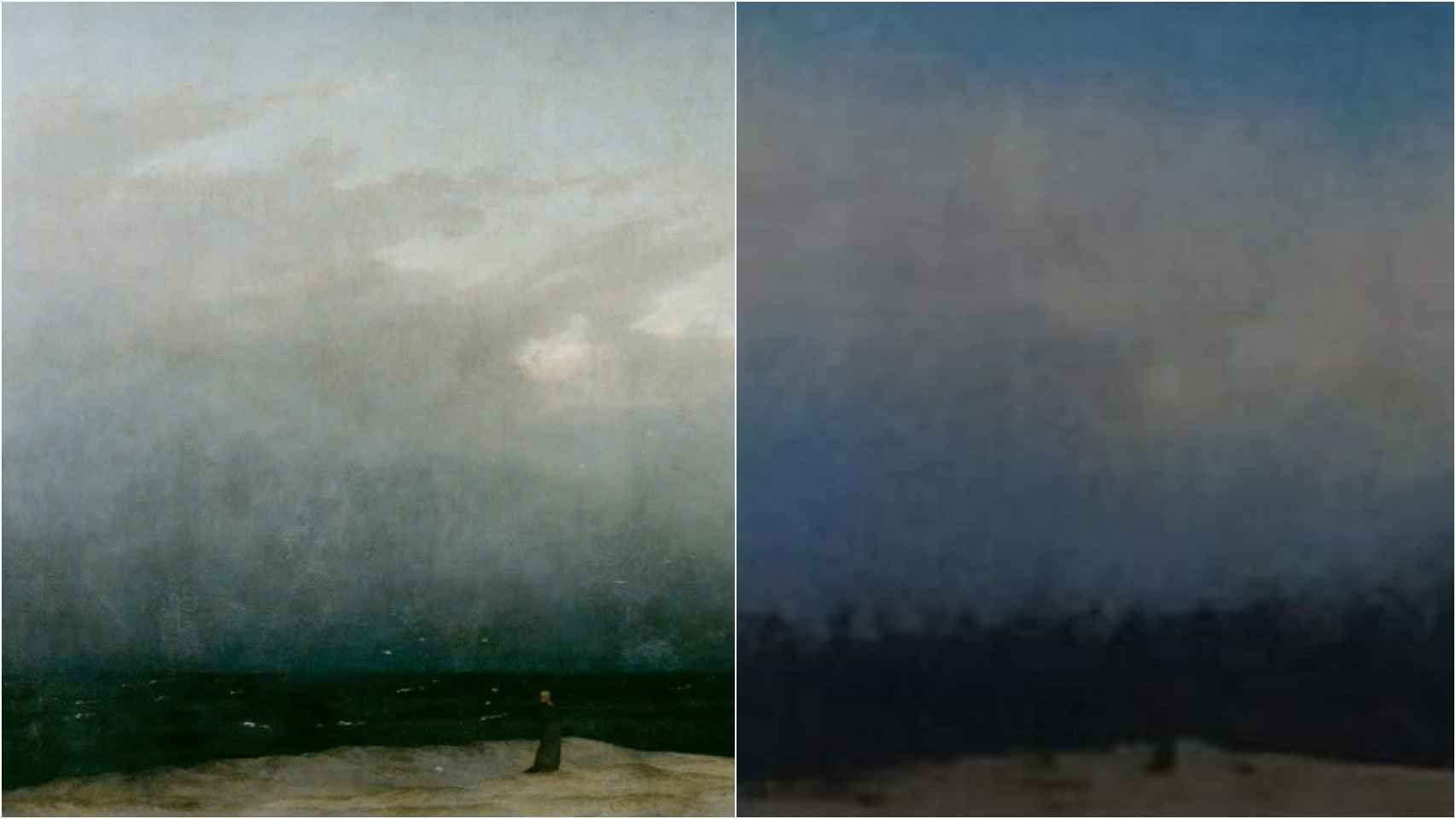 A la izquierda, la obra original de Friedrich, a la derecha, la imagen que se ha utilizado en la Selectividad gallega.