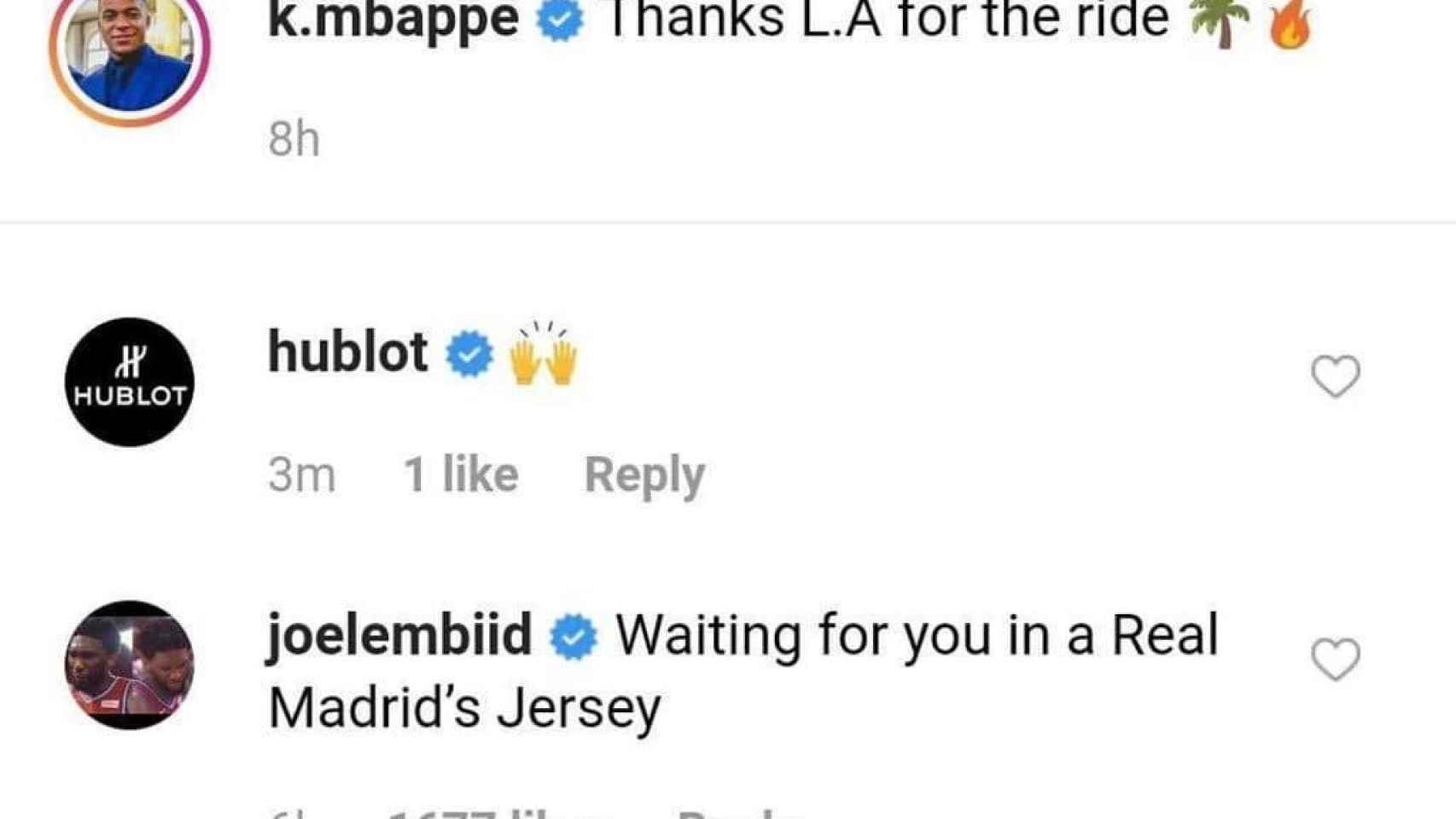 Comentario de Embiid en el Instagram de Mbappé