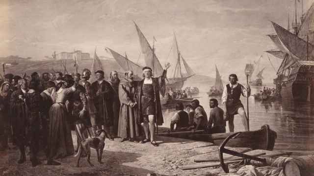 Cristóbal Colón pide permiso al príor de La Rábida para ir a descubrir América.