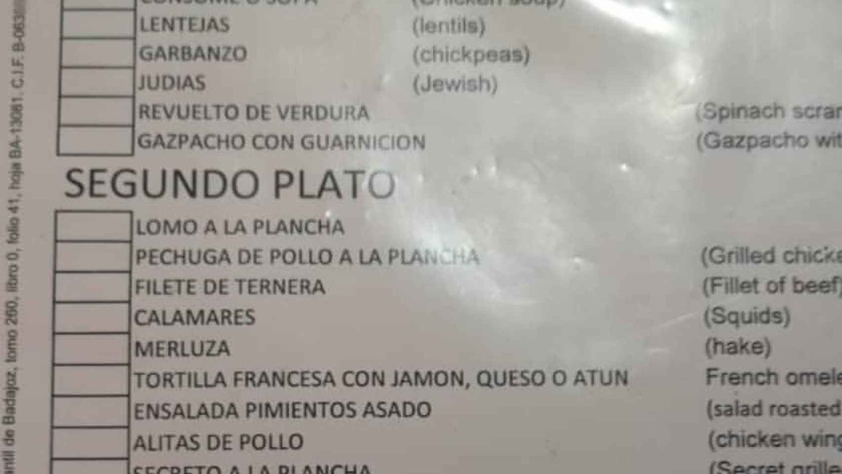 La carta en inglés 'macarrónico' de un restaurante de Cáceres.