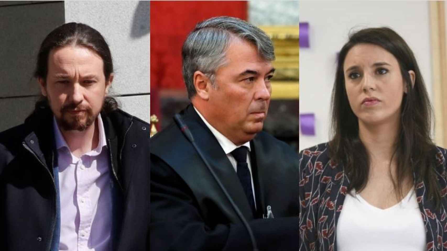 El líder de Podemos, Pablo Iglesias, el abogado de 'La Manada', Agustín Martínez Becerra, y la portavoz de Unidas Podemos, Irene Montero.