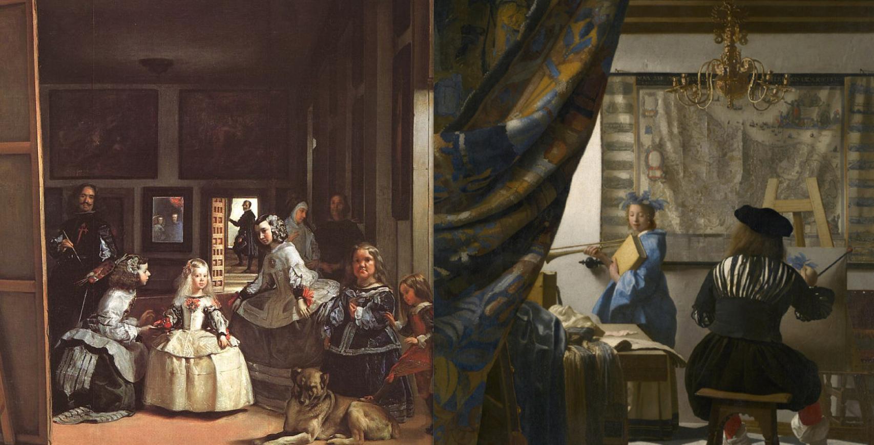 A la izquierda, 'Las Mininas de Velázquez' (Velázquez) y a la derecha, 'Alegoría de la pintura' (Vermeer)