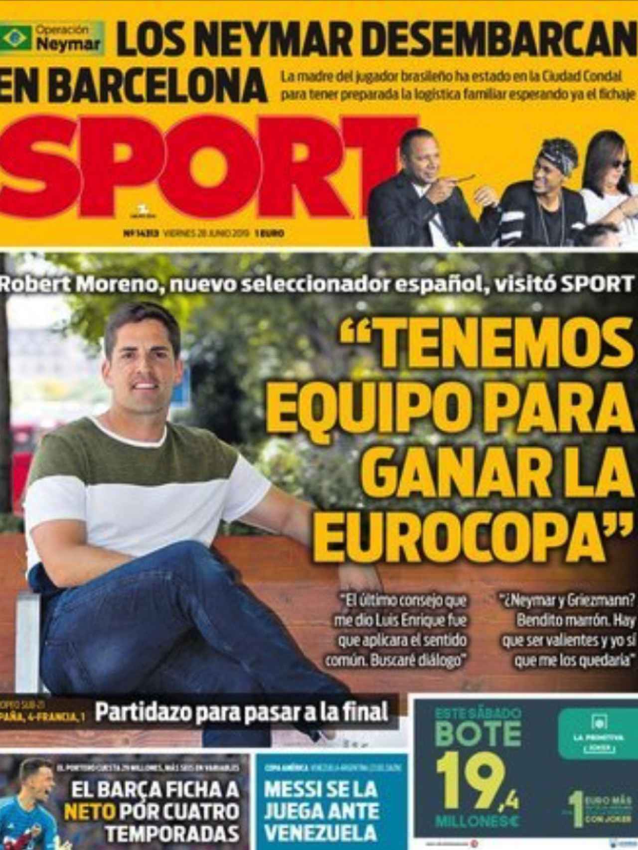 La portada del diario Sport (28/06/2019)