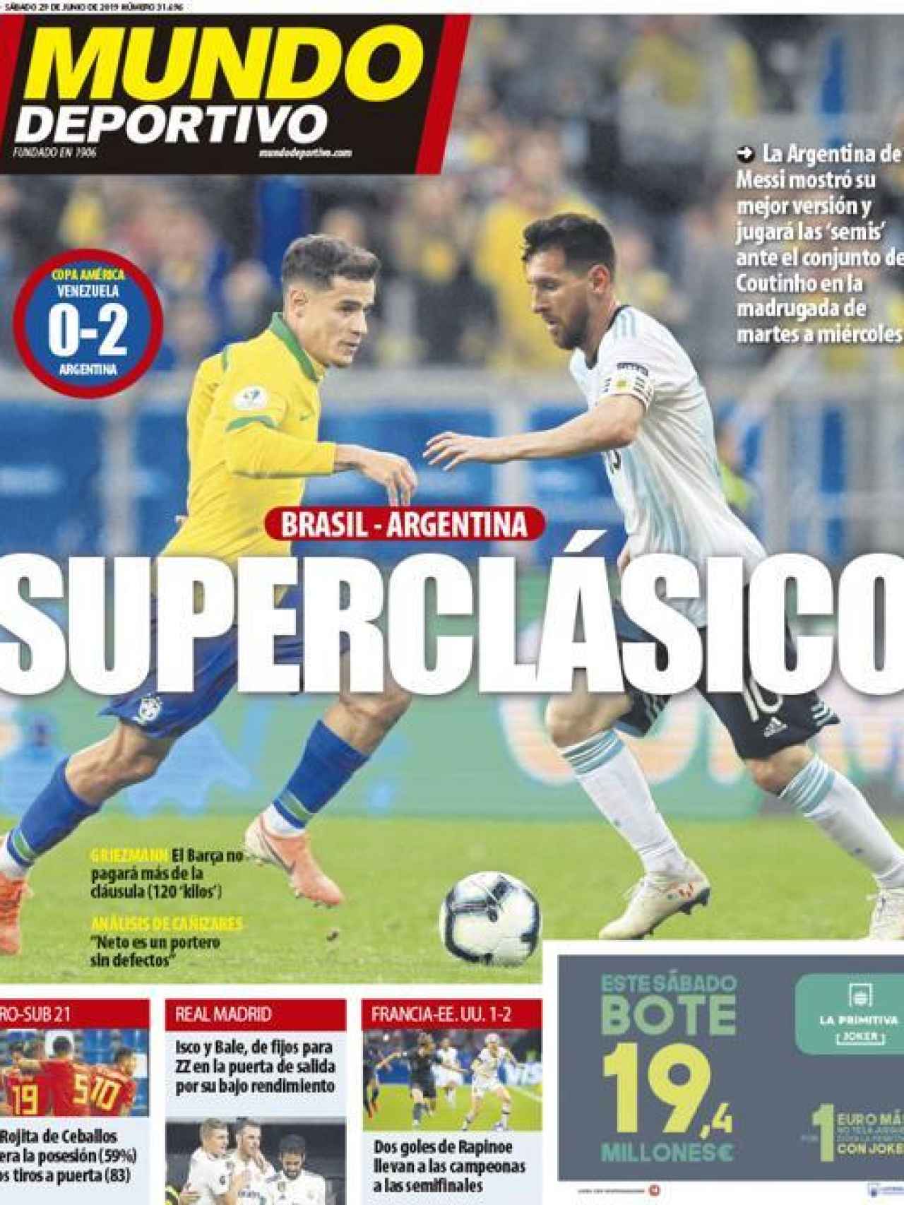 La portada del diario Mundo Deportivo (29/06/2019)