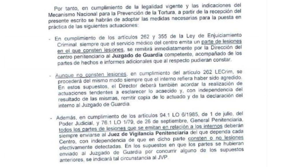Extracto de la orden enviada a los directores de los centros penitenciarios.