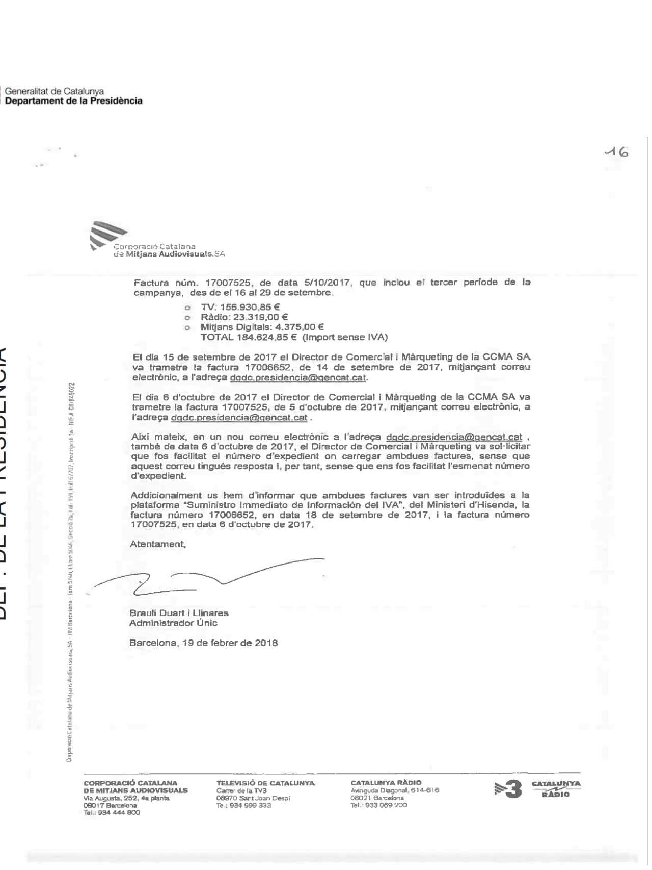 Segunda página de la carta de Brauli Duart a Presidencia de la Generalidad.