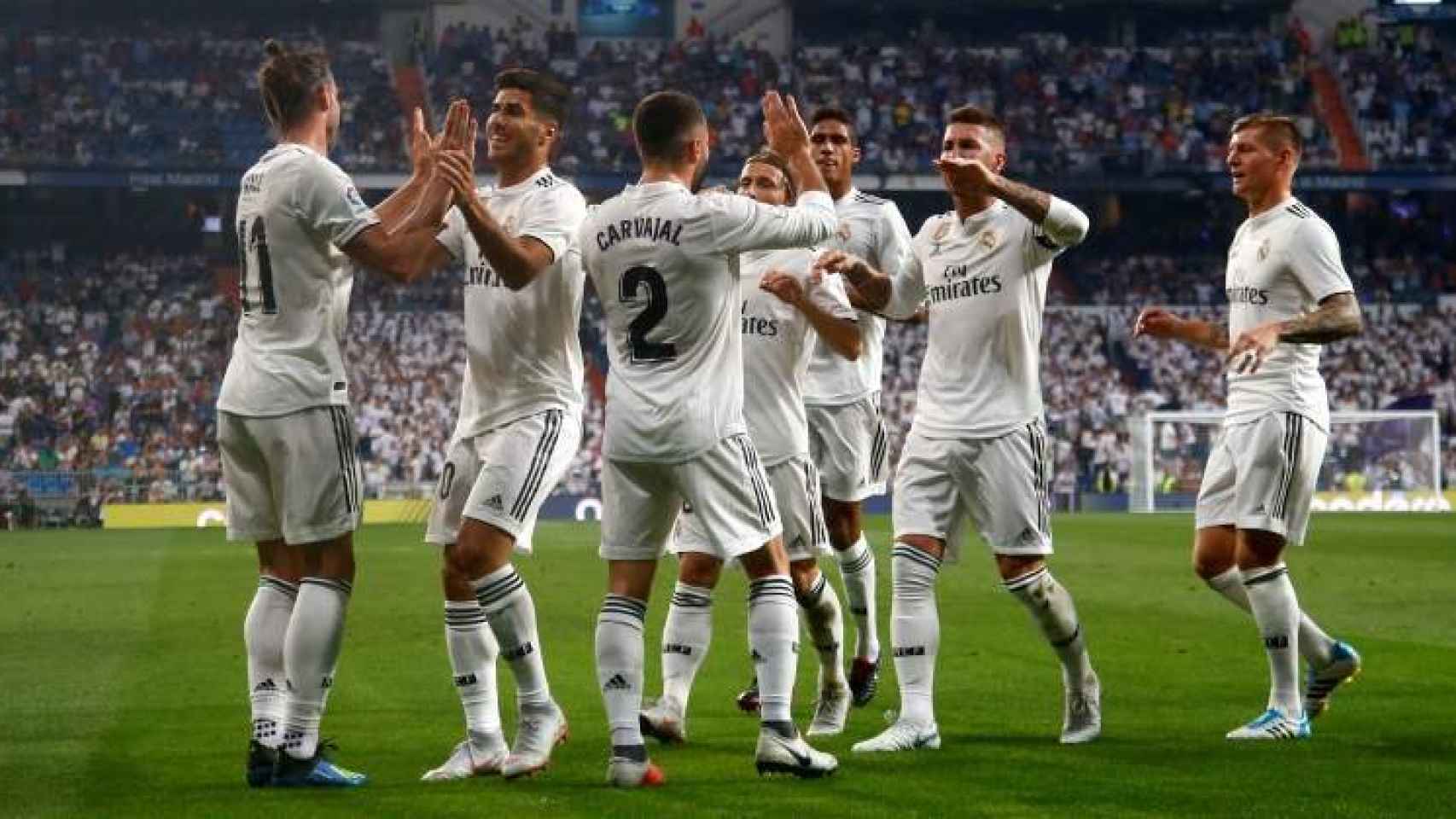 Los jugadores del Real Madrid celebran un gol ante el Leganés.