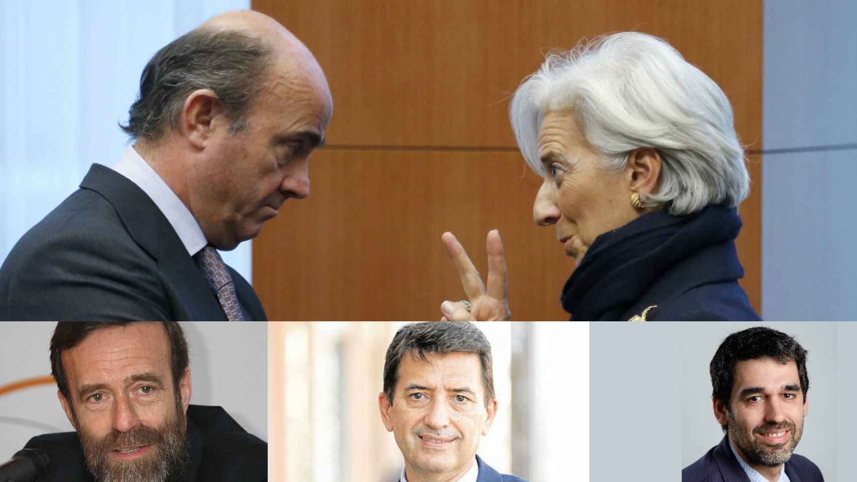 Christine Lagarde y Luis de Guindos. Los economistas Guillermo de la Dehesa, Rafael Doménech y Rubén Segura-Cayuela.