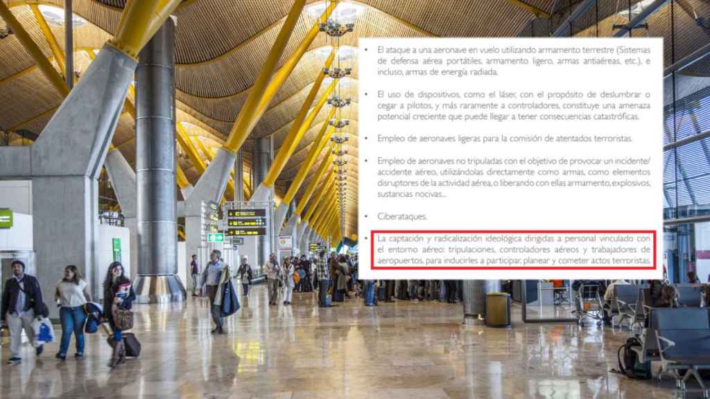 Imagen de archivo del aeropuerto de Madrid-Barajas; superpuesto, el extracto del informe.