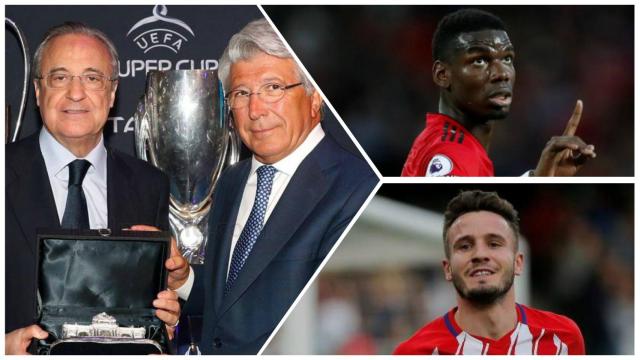 Florentino Pérez (Real Madrid) y Enrique Cerezo (Atlético de Madrid); Paul Pogba (Manchester United) y Saúl Ñíguez (Atlético de Madrid)