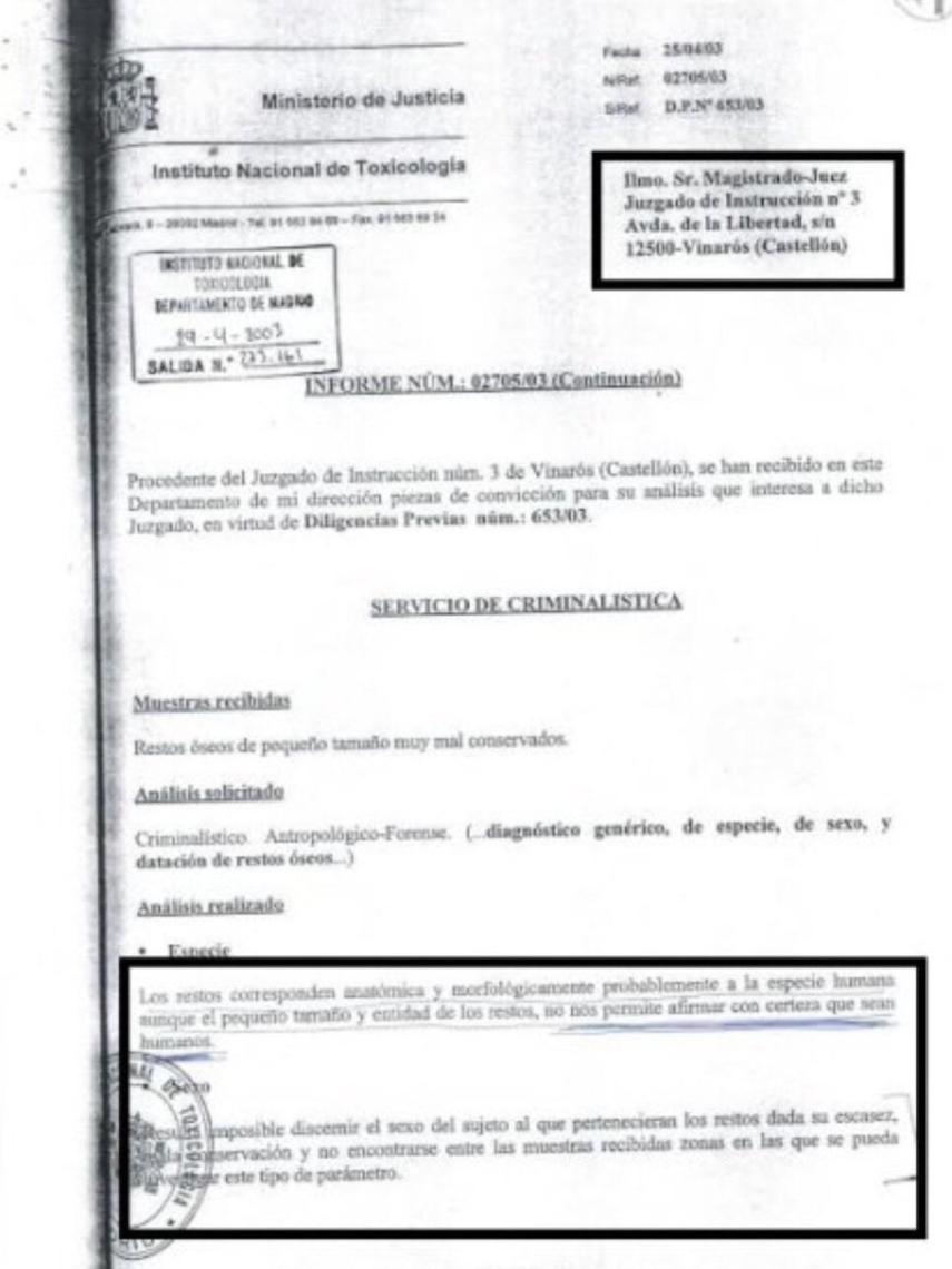 El Instituto Nacional de Toxicología no pudo determinar que los huesos fuesen ni humanos.