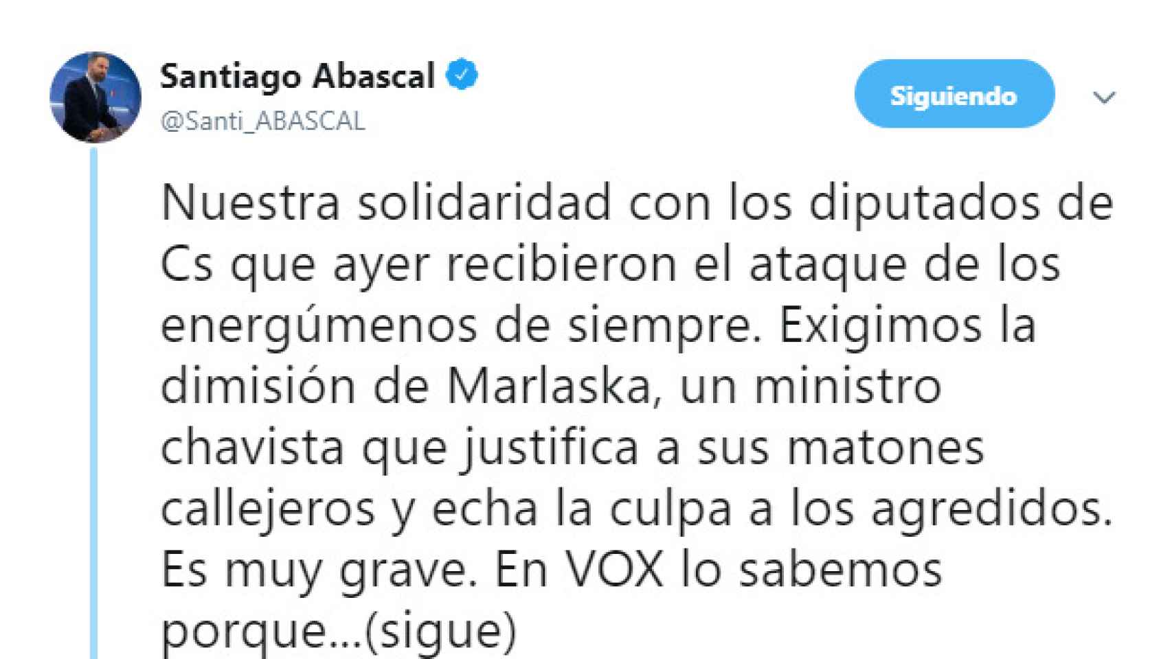 Tuit de santiago Abascal pidiendo la dimisión de Marlaska.