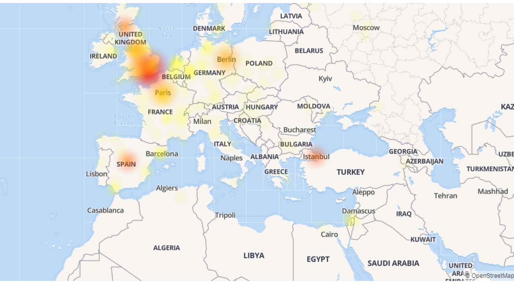 Captura de DownDetector en el que se puede comprobar la situación de incidencias por la caída de Twitter en los distintos países.