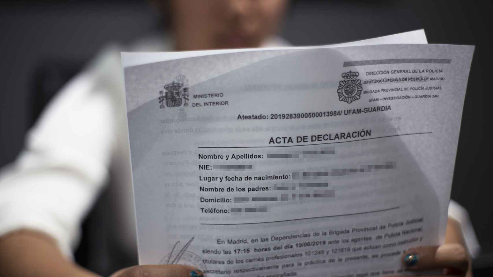 La denuncia que María presentó en una comisaría de Madrid.