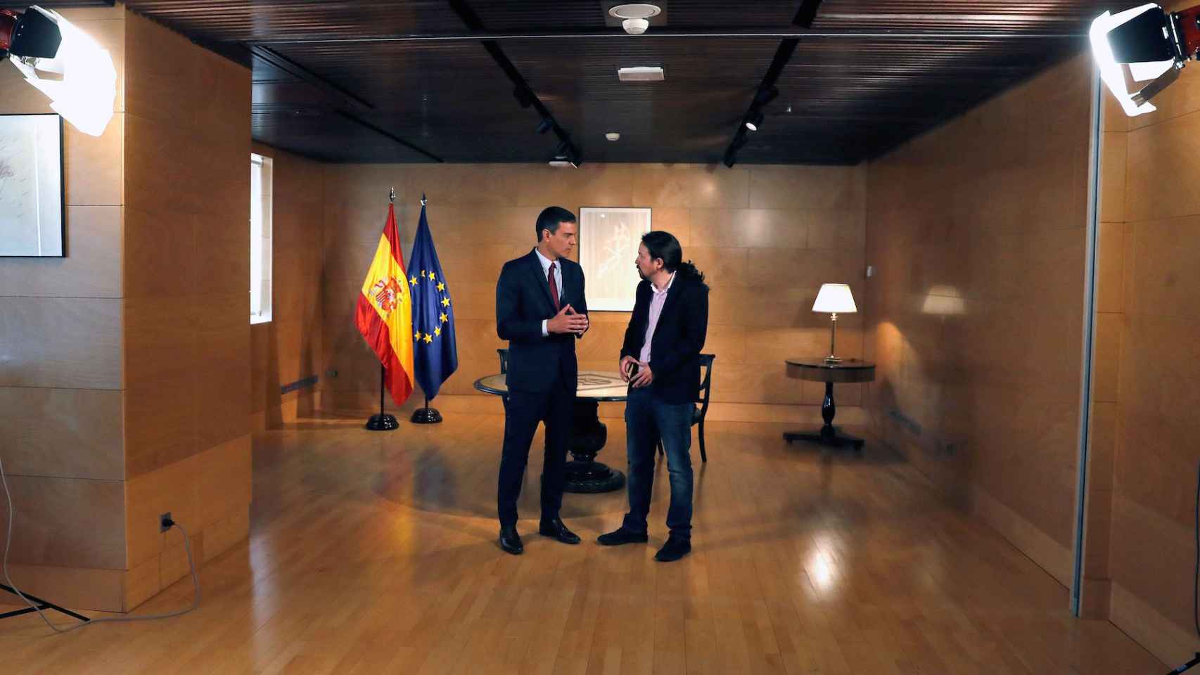 Pedro Sánchez y Pablo Iglesias, este martes antes de su reunión en el Congreso de los Diputados.