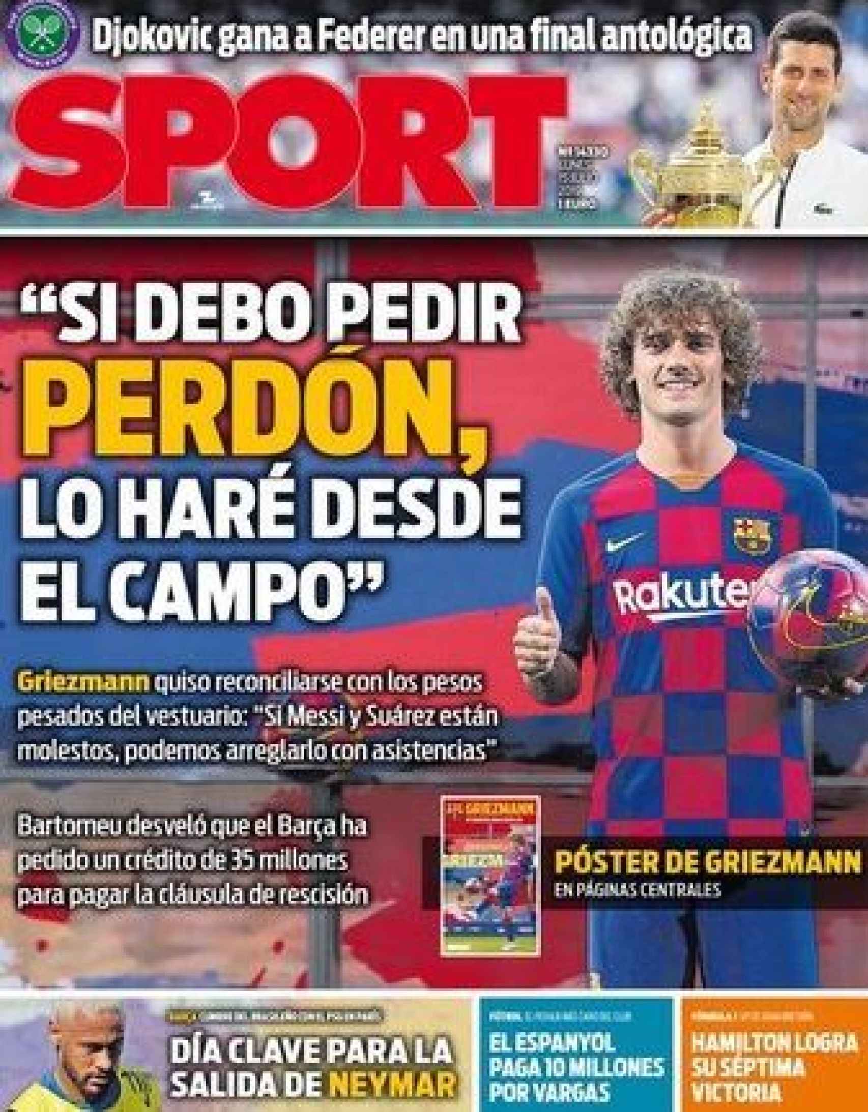 La portada del diario Sport 15/07/2019