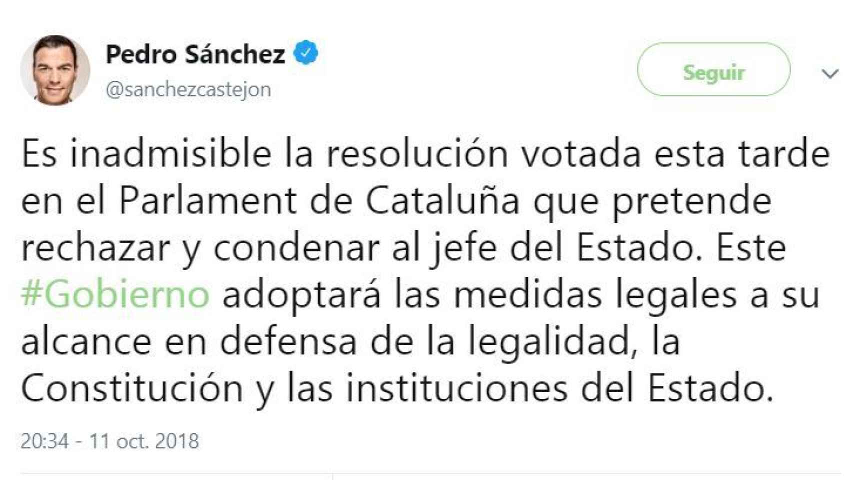Tuit de Pedro Sánchez el 11 de octubre de 2018./