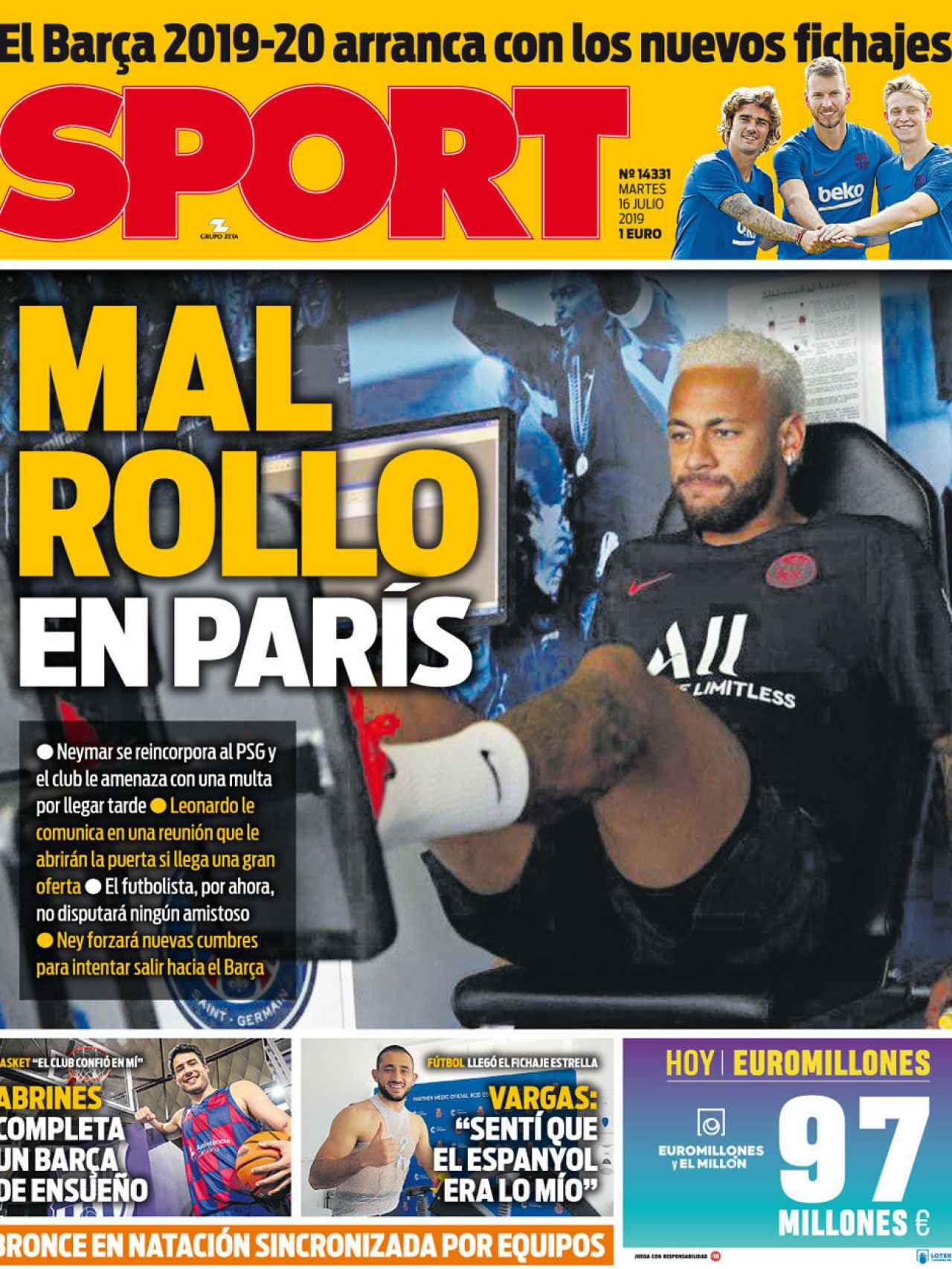 La portada del diario Sport (16/07/2019)