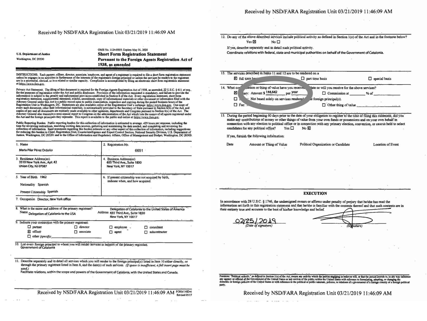 Documento del Departamento de Justicia de los EE. UU. en el que aparece el sueldo de Maria Pilar Pérez Ordoño.