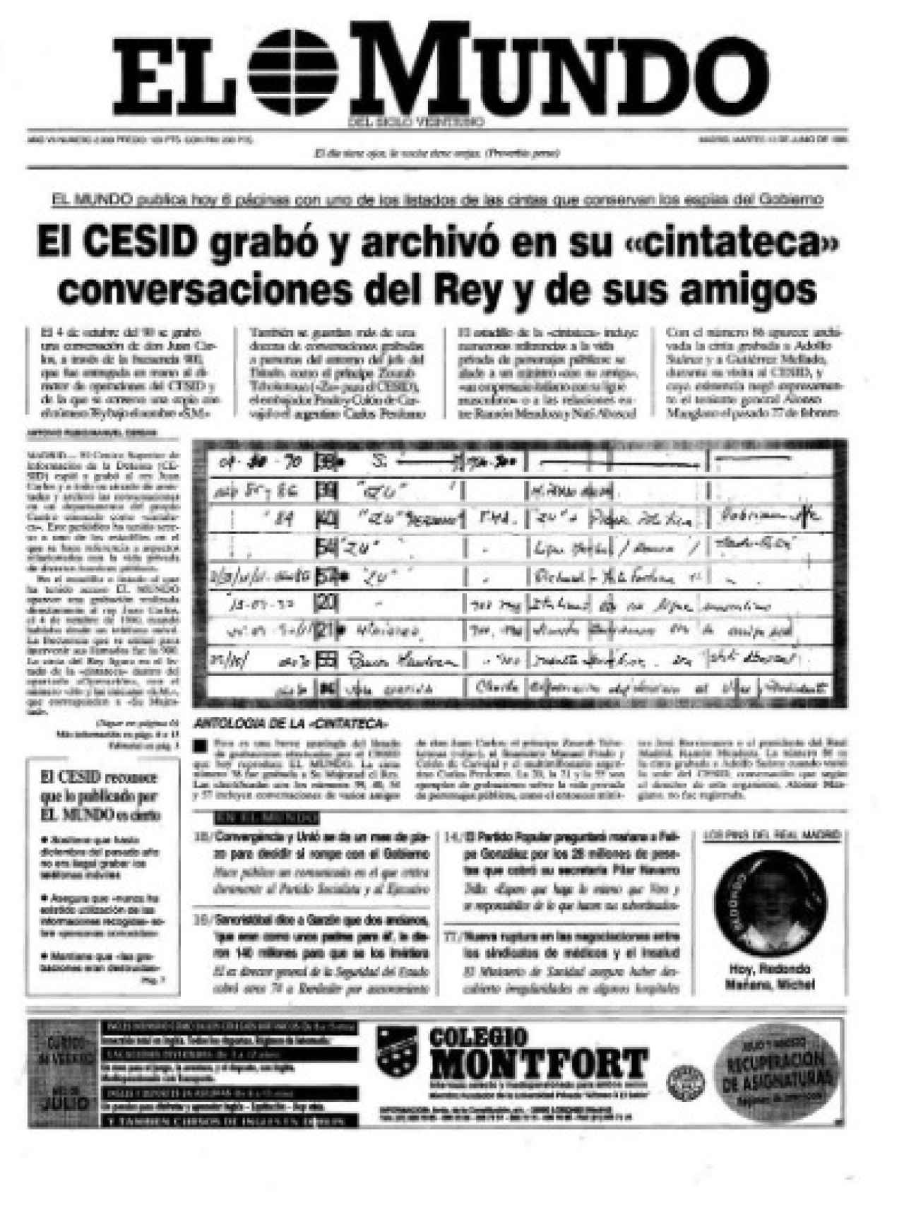 Portada del diario El Mundo el 12 de junio de 1995.