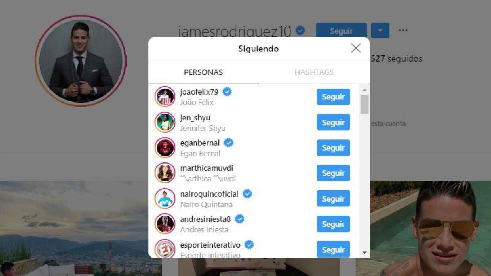 Gente a la que sigue James Rodríguez en Instagram