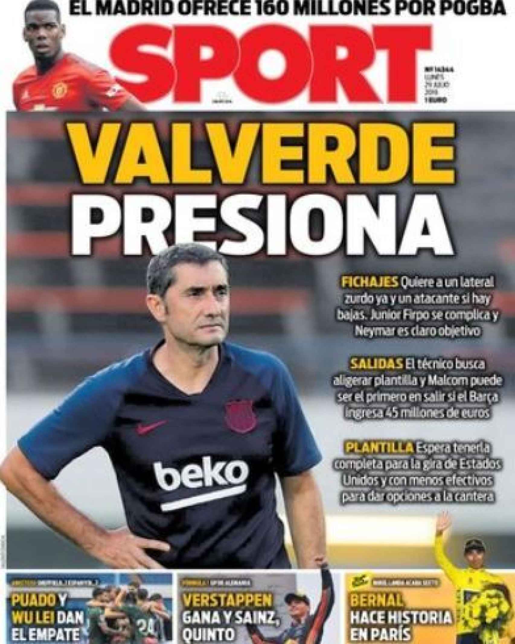 La portada del diario Sport (29/07/2019)