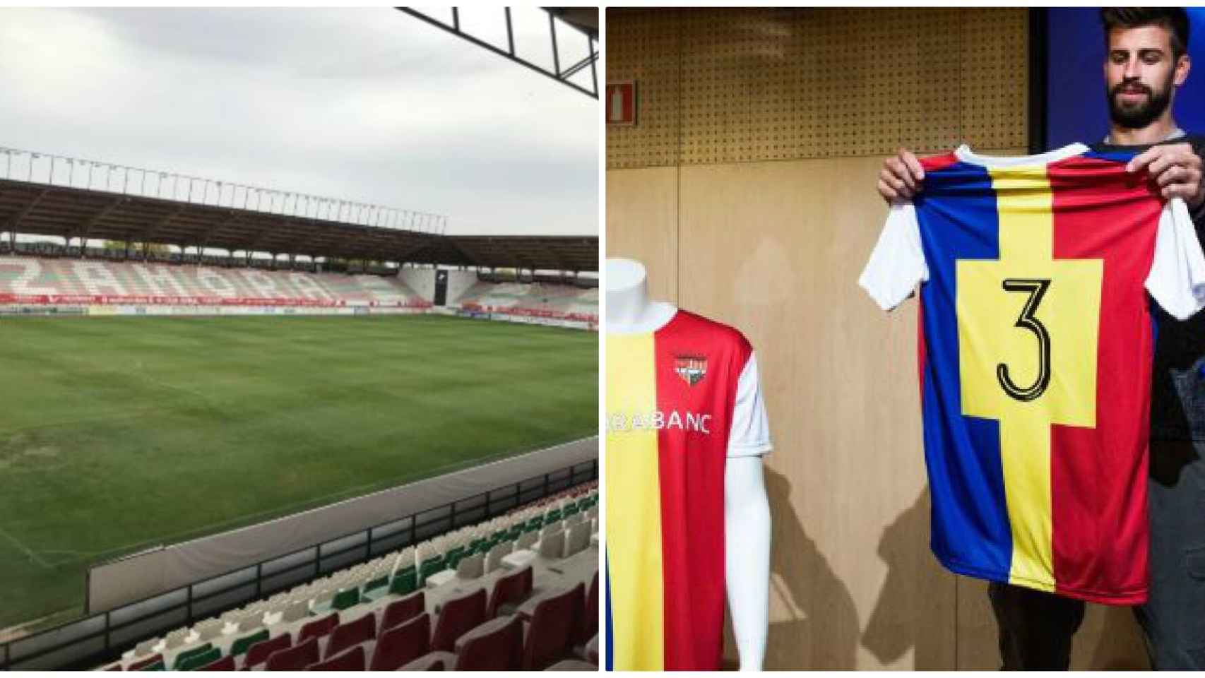 El campo del Zamora y Gerard Piqué con la camiseta del Andorra