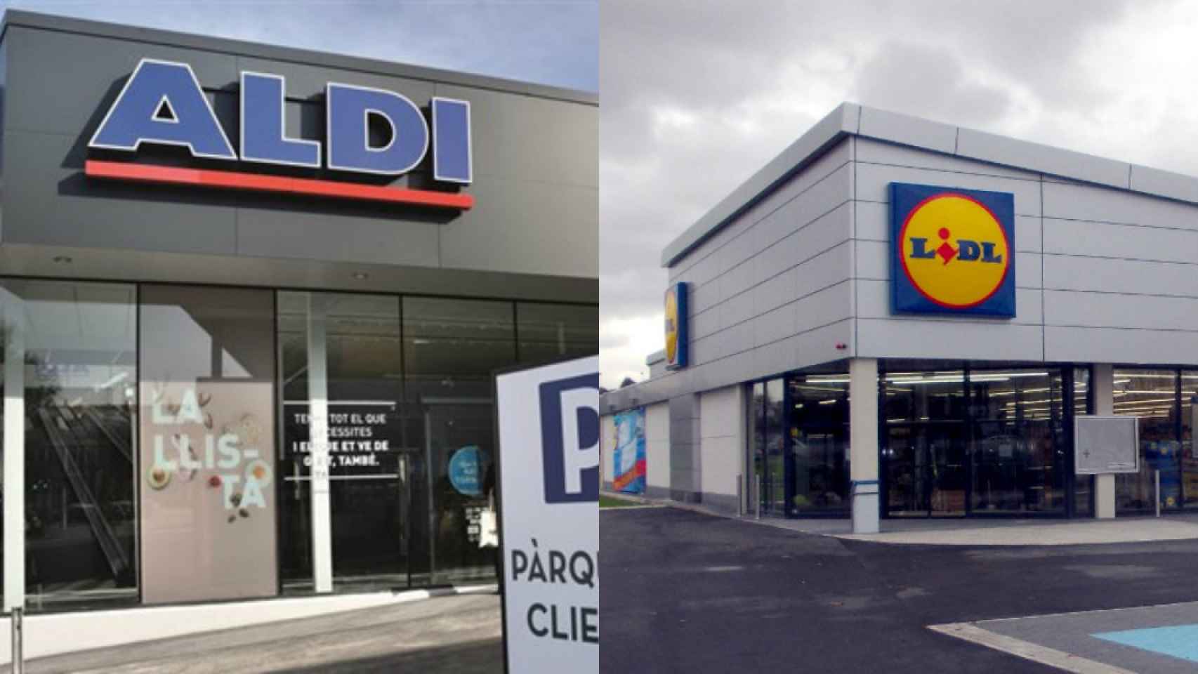 Fotos de archivo de dos supermercados Aldi y Lidl.