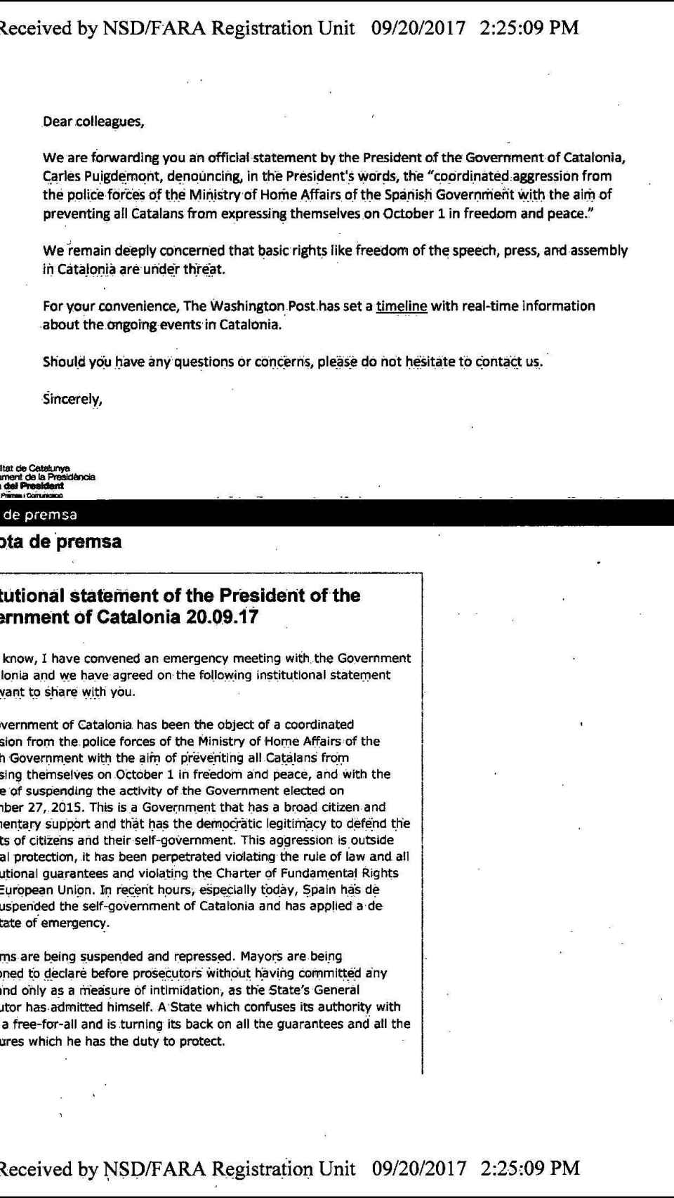 Primera página del documento que reproduce el discurso de Puigdemont del 20 de septiembre de 2017.