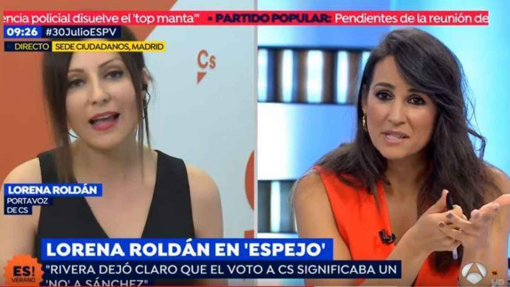 Lorena García entrevistó este martes  a la portavoz de Cs, Lorena Roldán, en Espejo Público