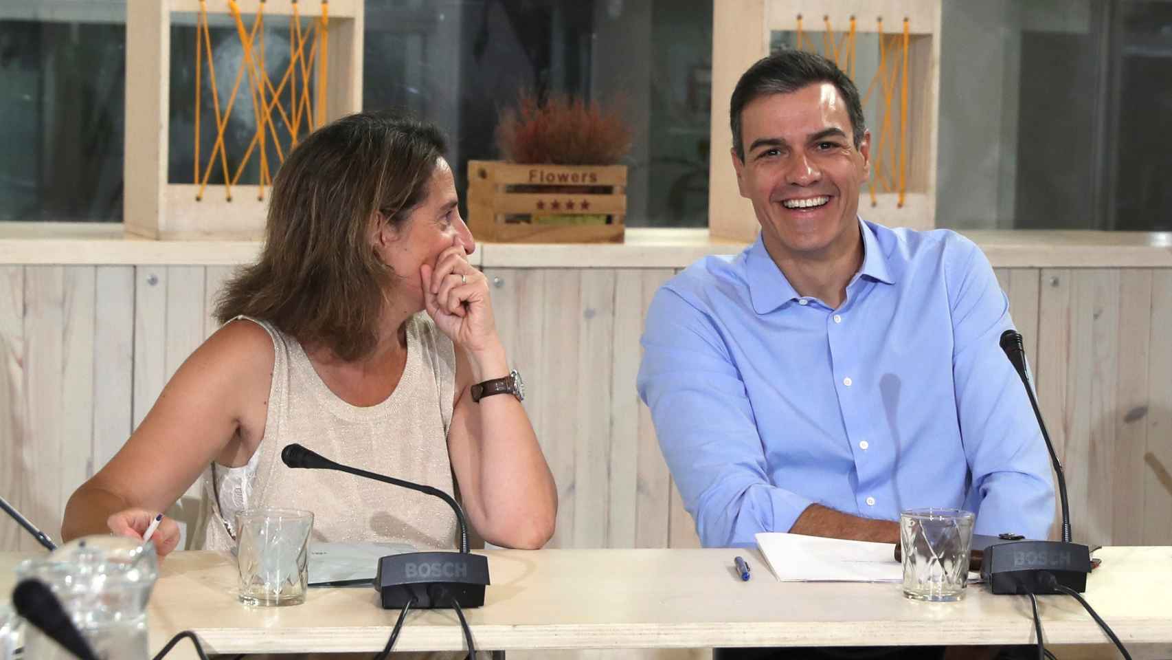 Pedro Sánchez junto a la ministra de Transición Ecológica, Teresa Ribera, en su encuentro con ecologistas.
