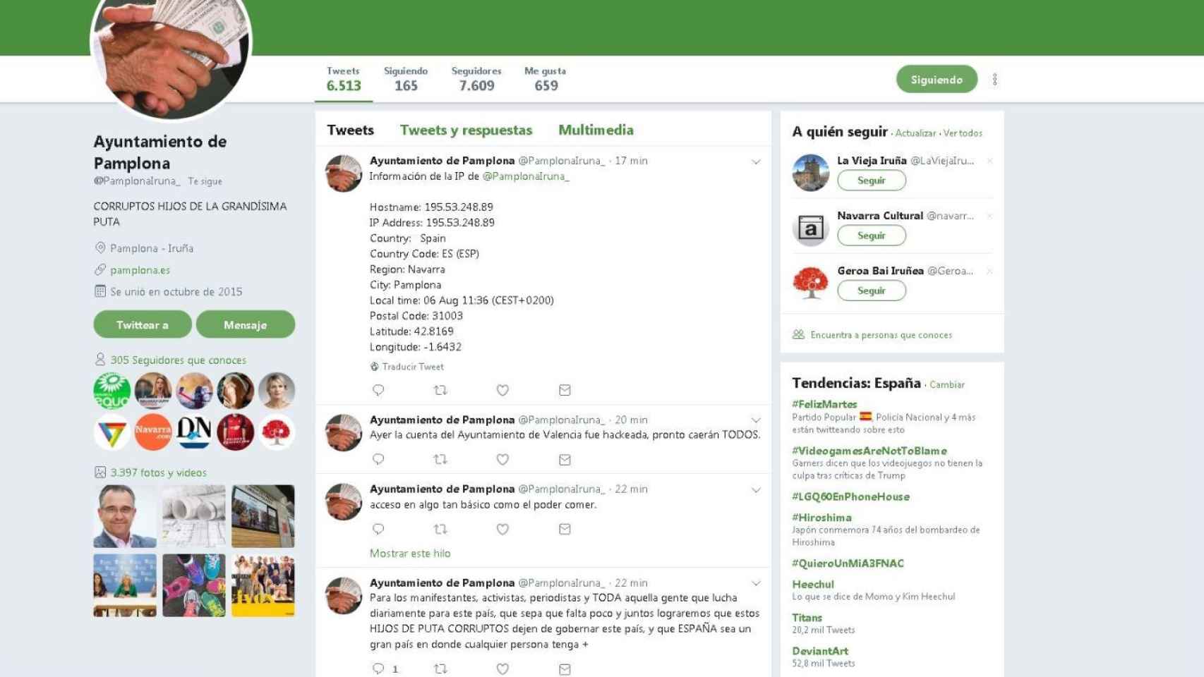 Captura de la cuenta en Twitter del Ayuntamiento de Pamplona tras ser 'hackeada'.
