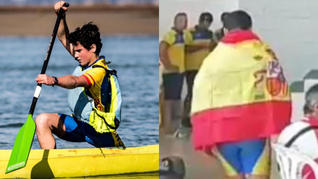 Imagen del joven con la bandera de España subiendo a recoger la medalla